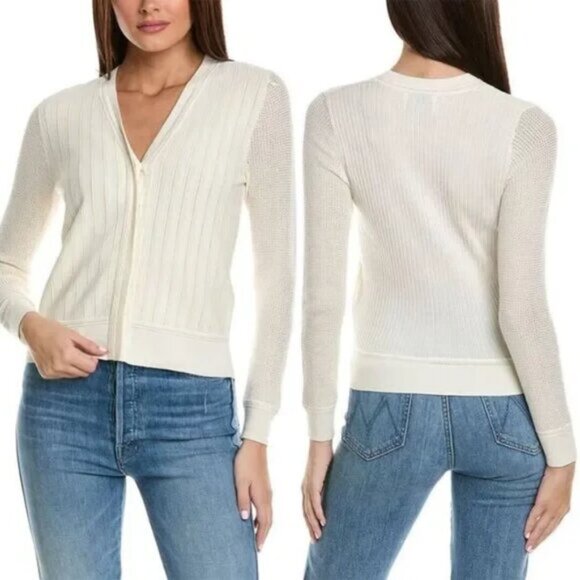 3.1 Phillip Lim Ivory Cotton Crepe V-Neck Lace Cardigan - Picture 1 of 9